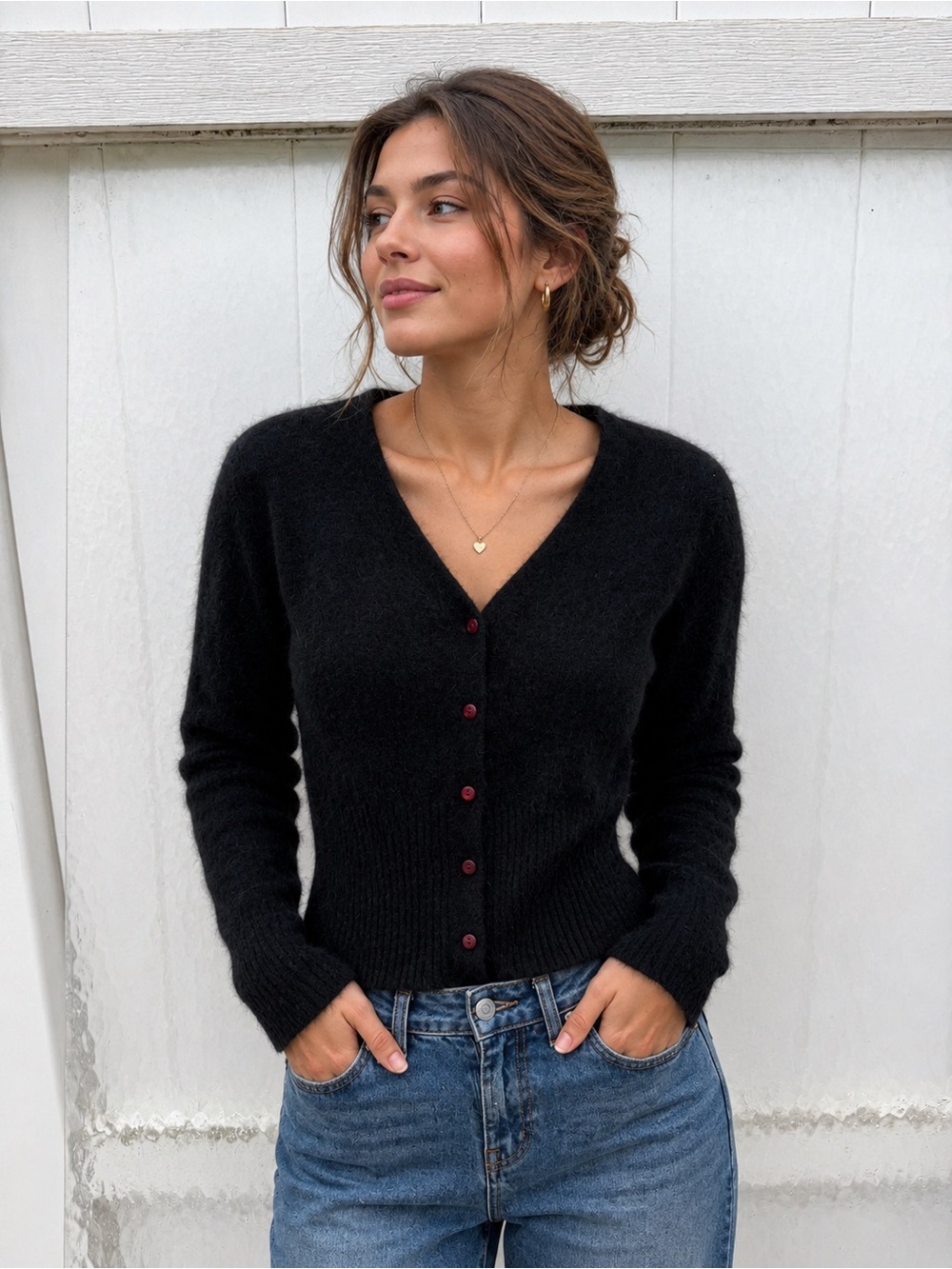 Bloomingdale’s Y.E.S. Black Fuzzy Angora Wool Cardigan Sweater Women M